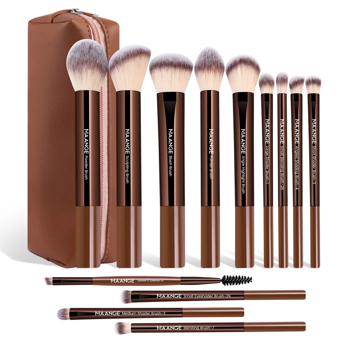 Conjunto de cosméticos para maquiagem, uma sugestão de presente de dia das mães clássica para quem procura uma ideia de presente mae que realce a beleza. Conjunto de pincéis de maquiagem profissionais de 13 peças com uma bolsa de higiene marrom de alta qualidade